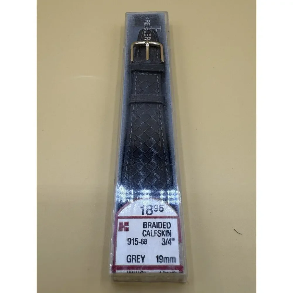 19mm KREISLER Braided Calfskin GREY NOS Vintage Watch Band & Gold-Tone Buckle